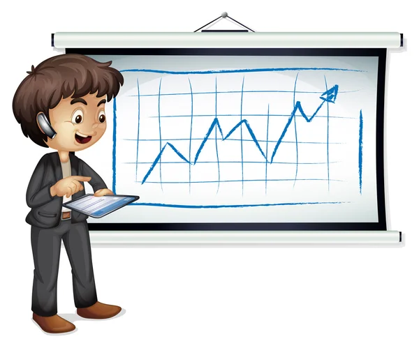 A young businessman standing in front of the whiteboard with a g — Stock Vector