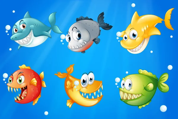 Six colorful fishes under the deep sea — Stock Vector