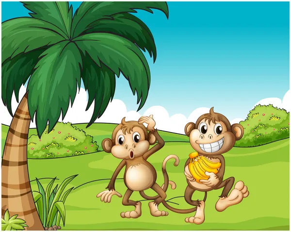 Счастливые обезьяны на холме с бананами — стоковый вектор