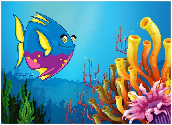 Unterwasserblick mit einem großen Fisch und wunderschönen Korallenriffen — Stockvektor