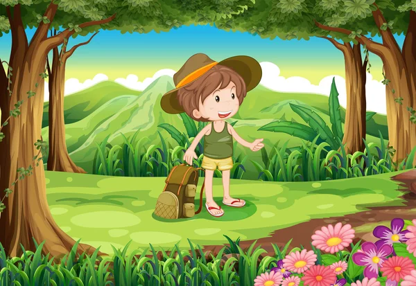 A lady with a backpack and a hat at the forest — Stock Vector