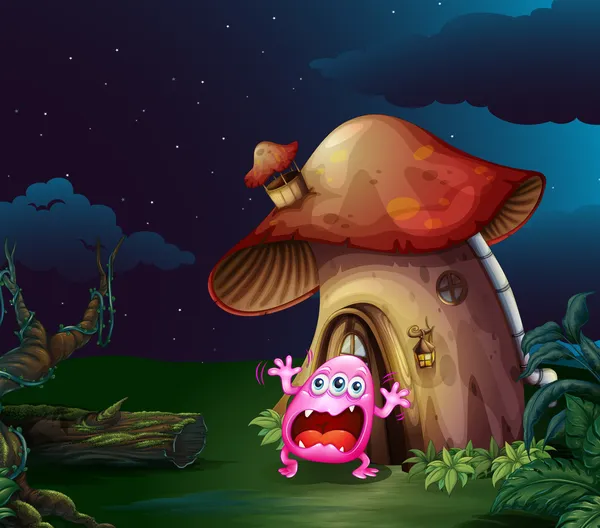 Um monstro assustado perto da casa dos cogumelos — Vetor de Stock