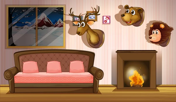 Una sala de estar con decoraciones de cabeza de peluche — Vector de stock