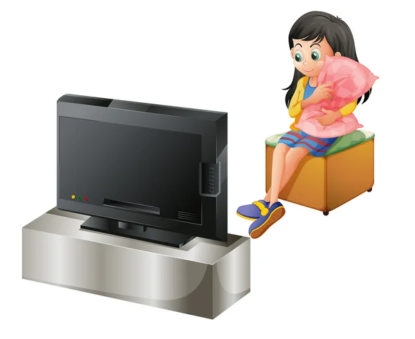 Молодая девушка, обнимающая подушку, когда смотрит телевизор — стоковый вектор