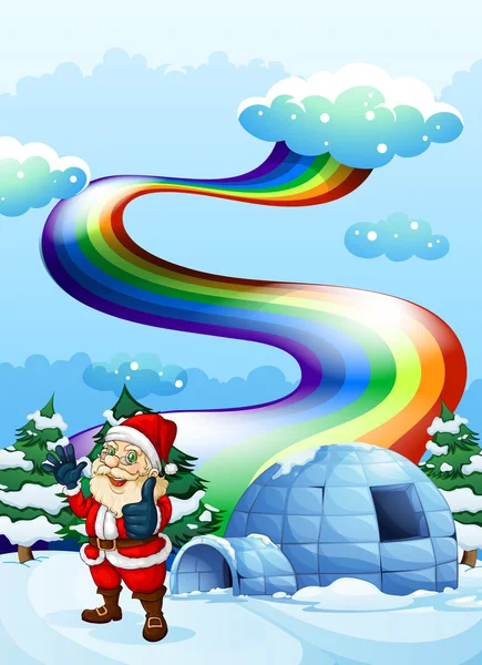 Ein lächelnder Weihnachtsmann in der Nähe des Iglus mit einem Regenbogen am Himmel — Stockvektor