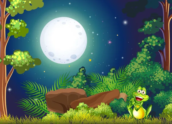 A forest with a smiling frog near the rock — Stock Vector