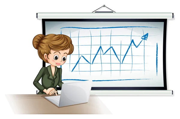 Une femme d'affaires utilisant l'ordinateur portable devant le tableau — Image vectorielle