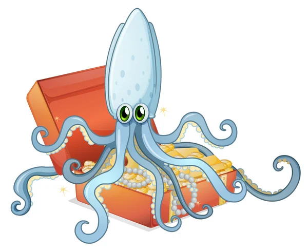 Une boîte au trésor avec une pieuvre — Image vectorielle