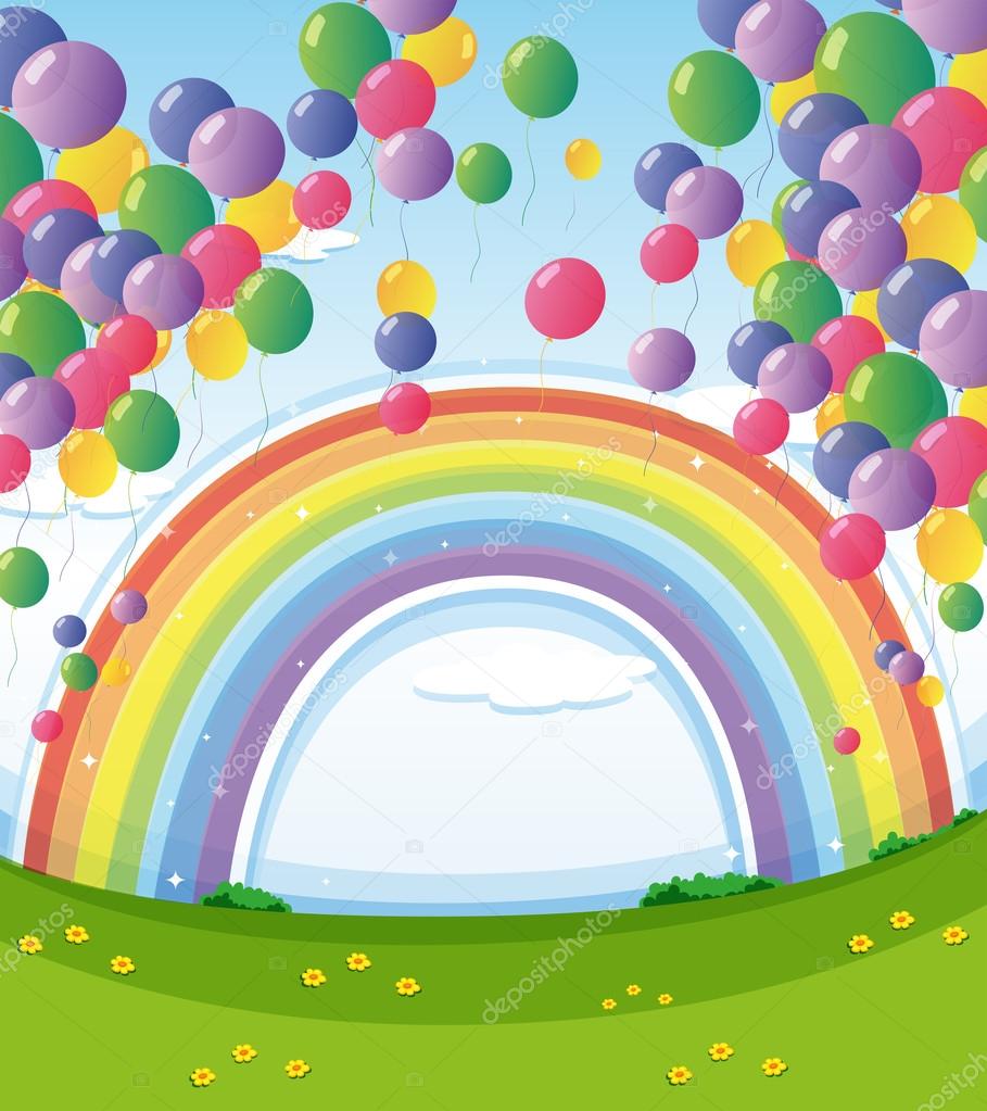 A sky with a rainbow and a group of floating balloons