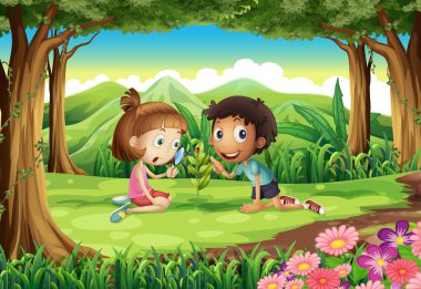 een forest met twee kinderen bestuderen het groeiende plant met een bug