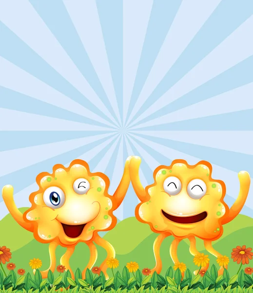 Happy monsters near the hills — Stock Vector