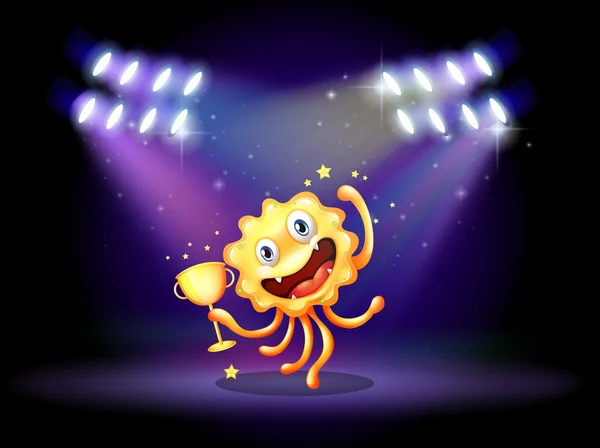 A stage with a monster holding a trophy — Stock Vector