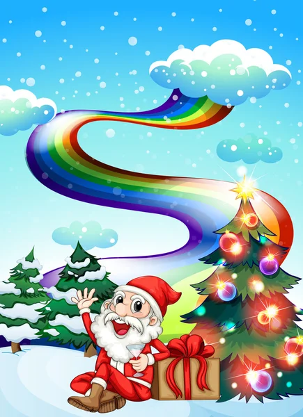 Ein lächelnder Weihnachtsmann mit einem Regenbogen am Himmel — Stockvektor