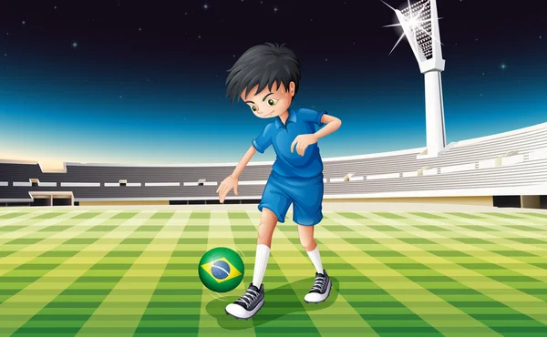 A soccer player at the field with the flag of Brazil — Stock Vector