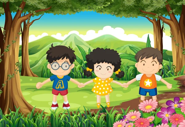 Niños sosteniendo sus manos en el bosque — Vector de stock