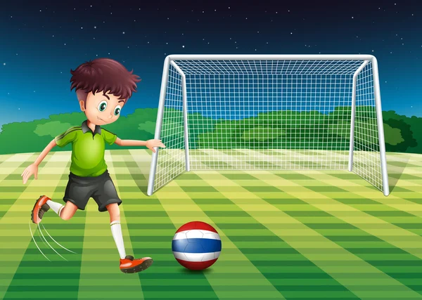 Um jogador de futebol chutando a bola com a bandeira da Tailândia —  Vetores de Stock