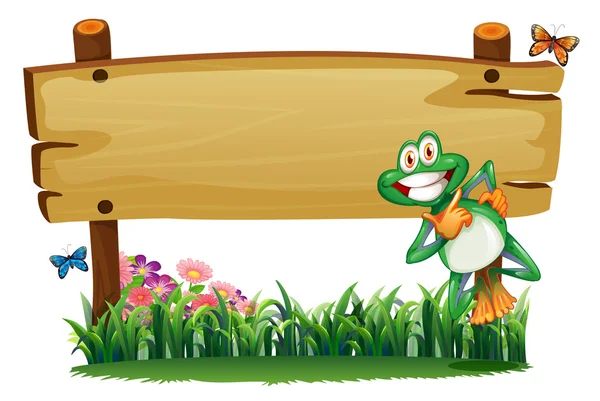 遊び心のあるカエルで、空の木製看板 — ストックベクタ