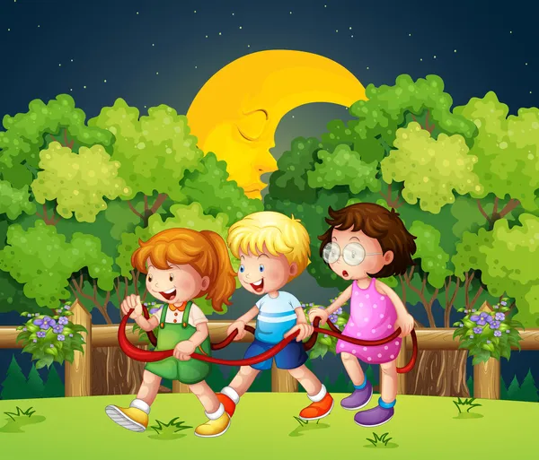 Three kids outdoor walking in the middle of the night — Stock Vector