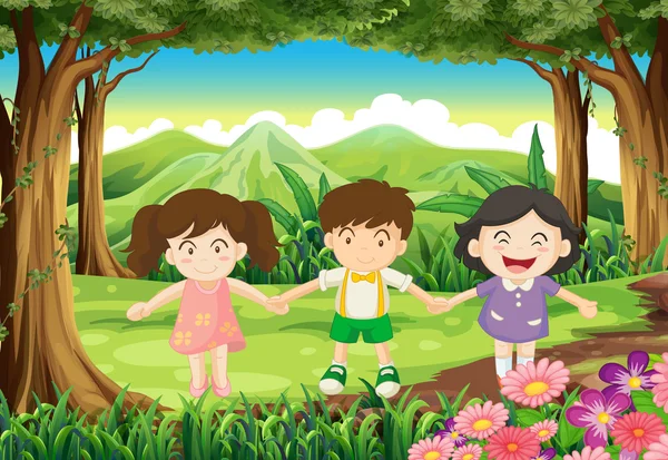 Tres niños juguetones en la selva — Vector de stock