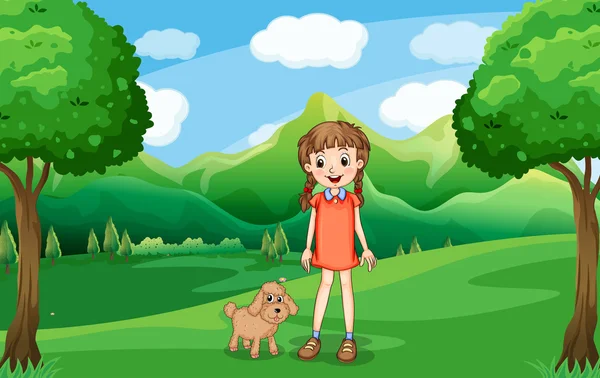 어린 소녀와 그녀의 강아지 언덕에서 — 스톡 벡터