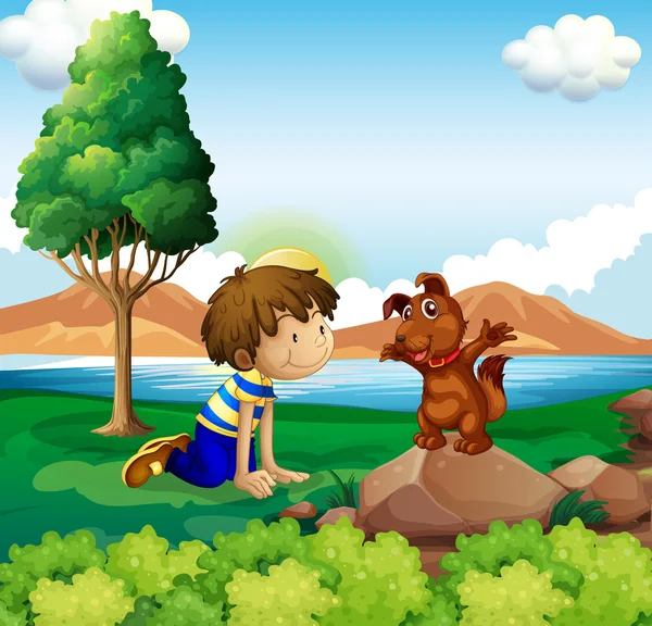 Un niño y su mascota cerca del lago — Vector de stock