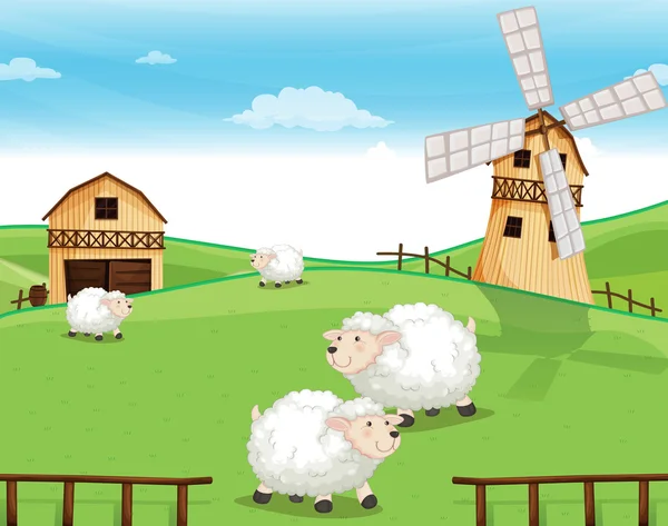 Una granja en las colinas con ovejas — Vector de stock