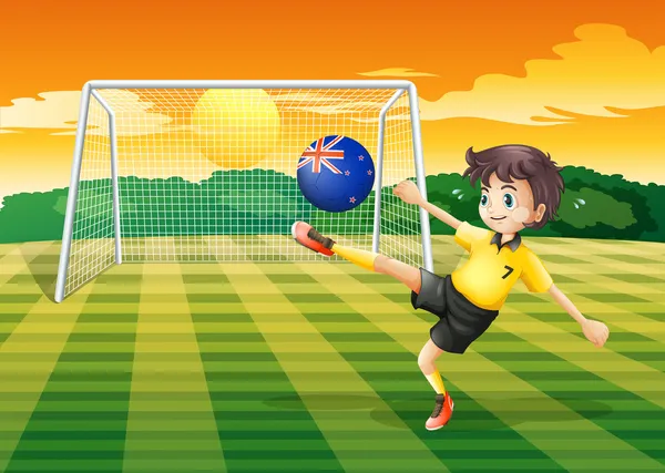 A female player kicking the ball with the flag of New Zealand — Stock Vector