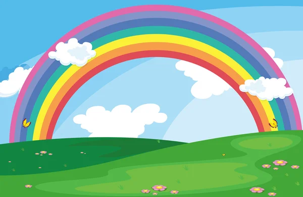 Uma paisagem verde com um arco-íris no céu —  Vetores de Stock