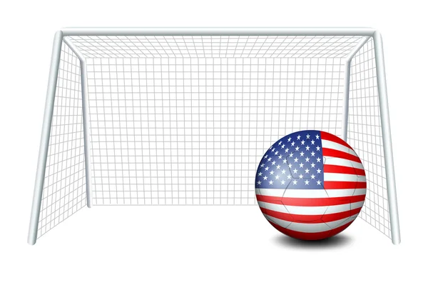 Uma bola de futebol perto da rede com a bandeira dos Estados Unidos — Vetor de Stock