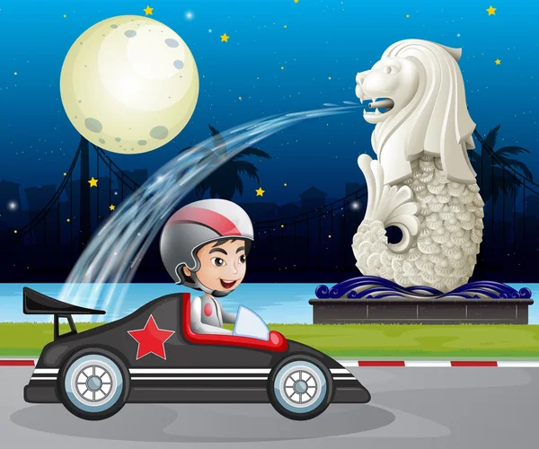 Een auto racer passeren de straat met het standbeeld van merlion — Stockvector