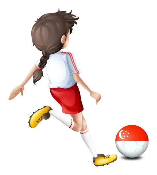 Eine Athletin, die den Ball mit der Fahne von singapore kickt — Stockvektor