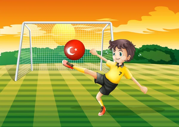 Un'atleta donna che calcia la palla con la bandiera della Turchia — Vettoriale Stock