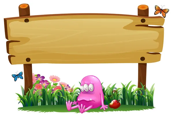 A poisoned pink monster under the empty wooden signboard — Stock Vector