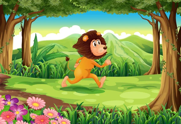 Μια ζούγκλα με ένα λιοντάρι τρέχει — Διανυσματικό Αρχείο