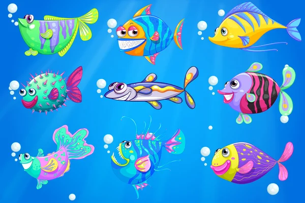 Εννέα πολύχρωμα ψάρια κάτω από τη θάλασσα — Διανυσματικό Αρχείο