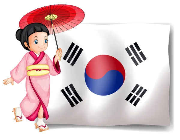 Seorang gadis Korea Selatan di samping bendera mereka - Stok Vektor
