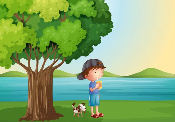 Un niño y su mascota bajo el árbol — Vector de stock