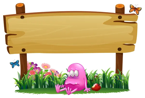 Ein vergiftetes rosafarbenes Monster unter der leeren Holztafel — Stockvektor