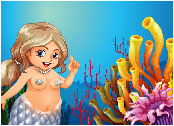 Una sirena gorda bajo el mar cerca de los arrecifes de coral — Vector de stock
