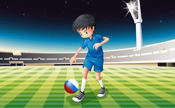 A boy at the field using the ball with the flag of Netherlands — Stock Vector