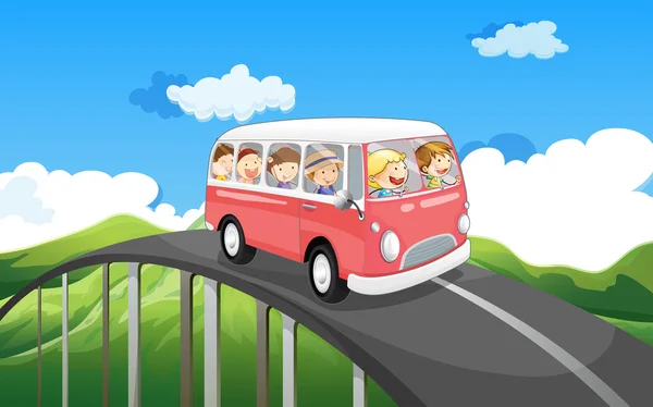 A school bus with kids travelling — Stock Vector