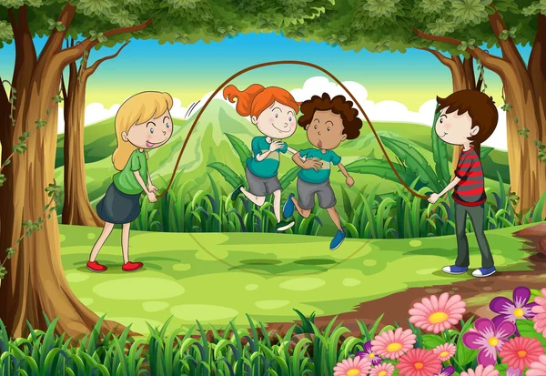 Enfants jouant avec la corde dans la jungle — Image vectorielle