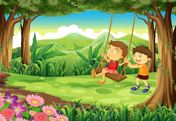 Una chica y un chico jugando en la selva — Vector de stock