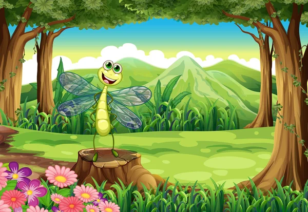 Un moignon dans la jungle avec une libellule souriante — Image vectorielle