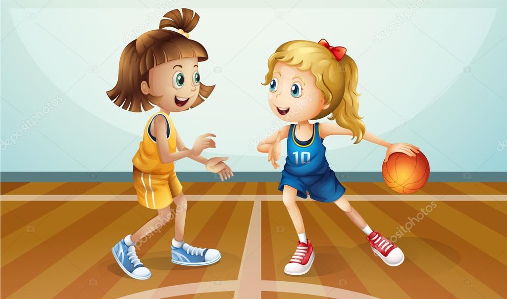 Two young ladies playing basketball