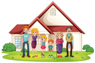 bir aile büyük evlerinin önünde