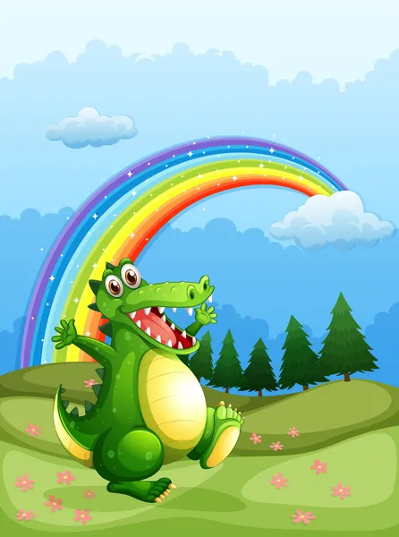 A crocodile walking and a rainbow in the sky — Stock Vector