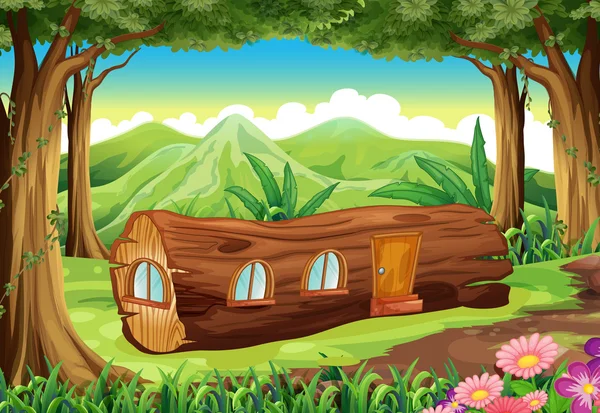 Une forêt avec une maison en rondins — Image vectorielle