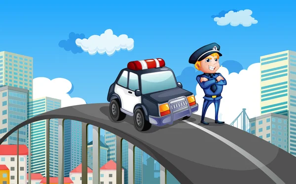 A patrol car and a policeman in the middle of the highway — Stock Vector