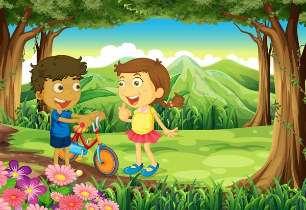 Ένα δάσος με τα παιδιά και ένα ποδήλατο — Διανυσματικό Αρχείο